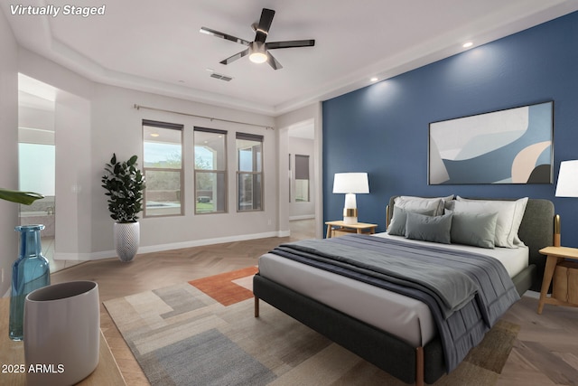 bedroom featuring recessed lighting, visible vents, a ceiling fan, and baseboards