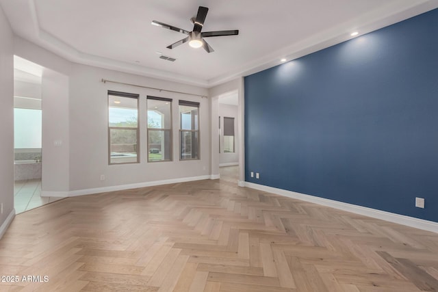 spare room with baseboards, a ceiling fan, visible vents, and recessed lighting
