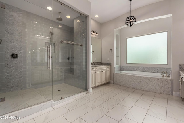 full bathroom with recessed lighting, marble finish floor, vanity, a bath, and a stall shower