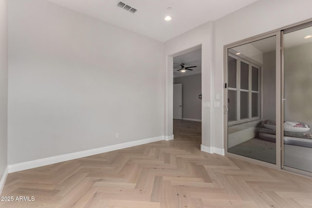 unfurnished room featuring ceiling fan, baseboards, visible vents, and recessed lighting