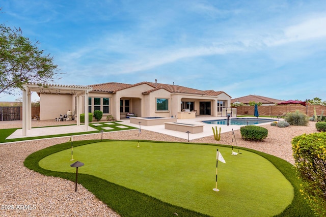 view of home's community with a fenced backyard, a pergola, a patio area, and a swimming pool
