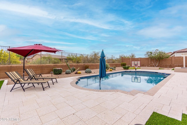 view of swimming pool with a fenced backyard, a fenced in pool, and a patio