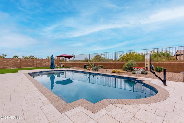 view of pool featuring a fenced backyard, a fenced in pool, and a patio