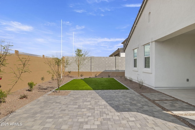 view of yard with a patio area and a fenced backyard