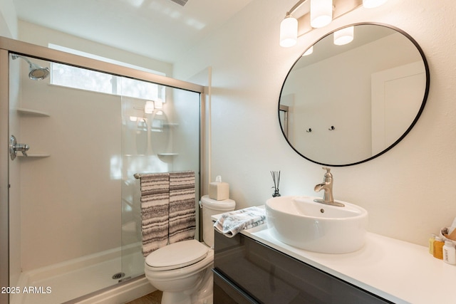 full bathroom featuring toilet, a shower stall, and vanity