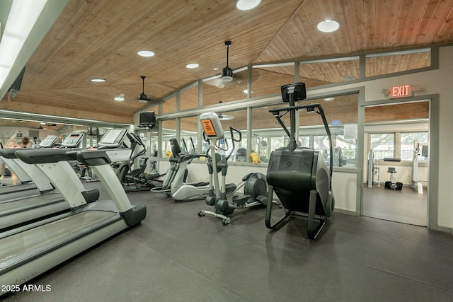 gym with wooden ceiling, vaulted ceiling, and recessed lighting