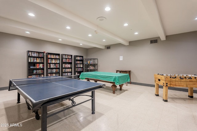 rec room featuring beamed ceiling, recessed lighting, baseboards, and pool table