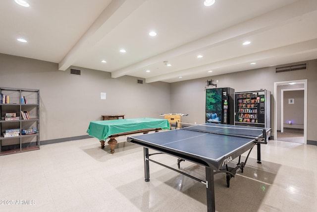 recreation room featuring beamed ceiling, billiards table, recessed lighting, baseboards, and light floors