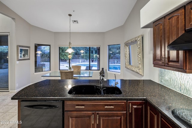 28897 N 94th Pl, Scottsdale, AZ 85262 - kitchen featuring dishwasher, a sink, dark stone counters, decorative light fixtures, and light tile patterned floors