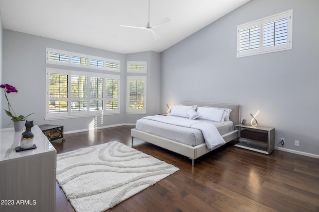28897 N 94th Pl, Scottsdale, AZ 85262 - bedroom featuring multiple windows, wood finished floors, baseboards, high vaulted ceiling, and ceiling fan