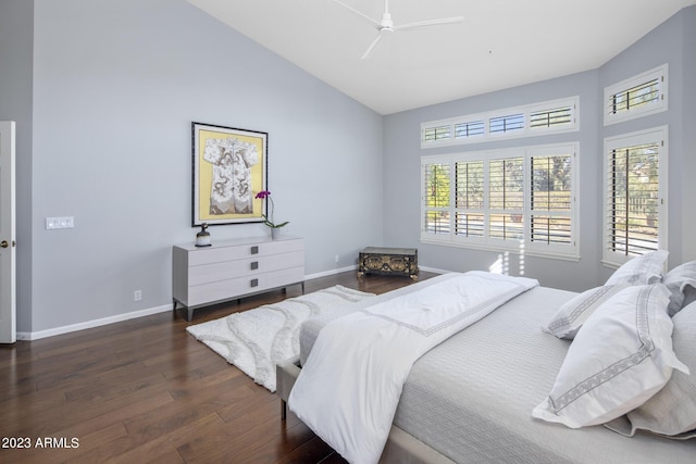 28897 N 94th Pl, Scottsdale, AZ 85262 - bedroom with dark wood-type flooring, high vaulted ceiling, baseboards, and a ceiling fan