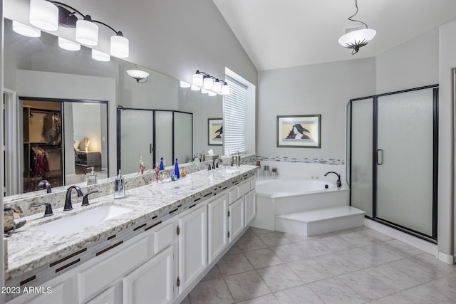 28897 N 94th Pl, Scottsdale, AZ 85262 - full bathroom with vaulted ceiling, a stall shower, a bath, double vanity, and a spacious closet
