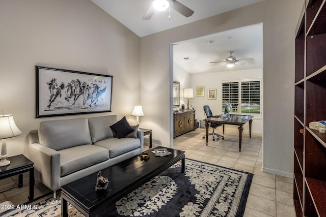 28897 N 94th Pl, Scottsdale, AZ 85262 - living area featuring ceiling fan, an office area, vaulted ceiling, light tile patterned floors, and baseboards