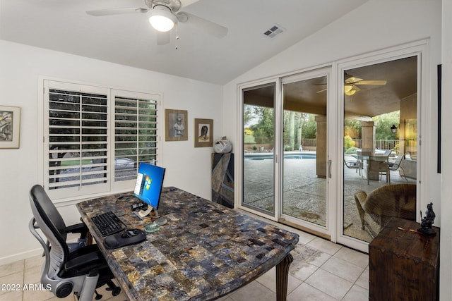 28897 N 94th Pl, Scottsdale, AZ 85262 - office area with ceiling fan, lofted ceiling, and light tile patterned floors