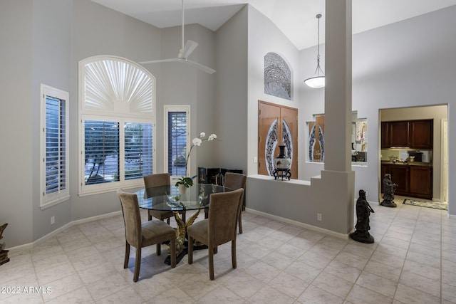 28897 N 94th Pl, Scottsdale, AZ 85262 - dining room featuring high vaulted ceiling, baseboards, and a ceiling fan