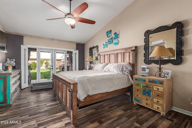 bedroom featuring french doors, vaulted ceiling, ceiling fan, and dark wood-type flooring