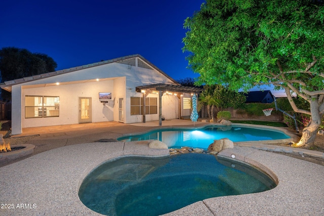 pool at twilight with a pergola and a patio