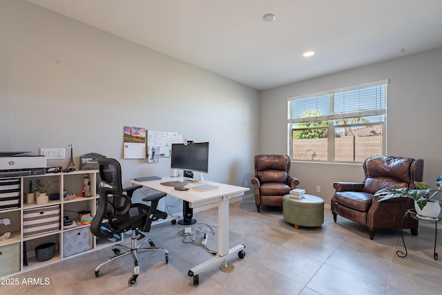 tiled home office with recessed lighting