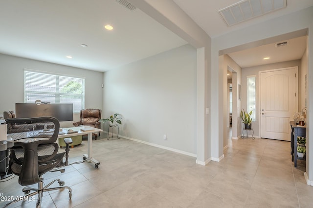 home office featuring visible vents, recessed lighting, and baseboards