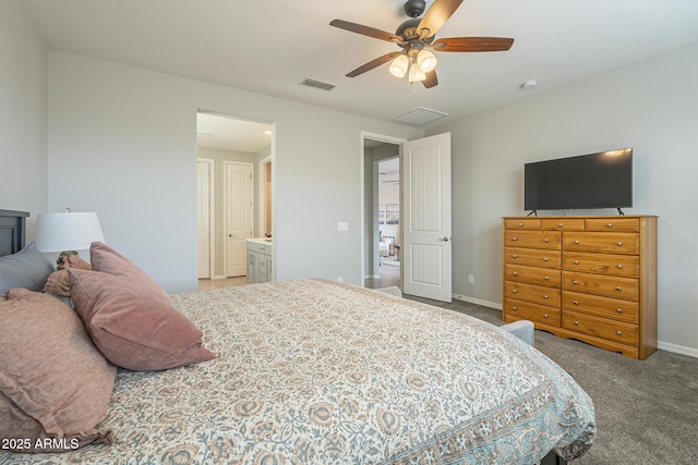 bedroom with baseboards, visible vents, carpet floors, and ceiling fan