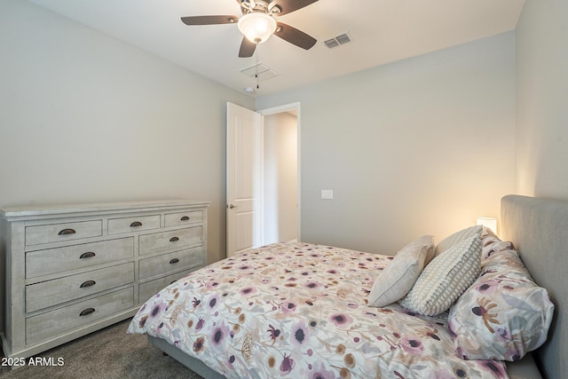 bedroom with visible vents, a ceiling fan, and dark carpet