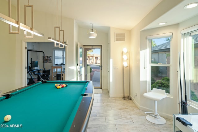 game room featuring plenty of natural light, lofted ceiling, and billiards