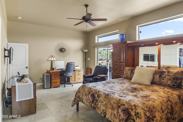 11880 N Cielo Grande, Prescott, AZ 86305 - bedroom with light tile patterned flooring, a towering ceiling, a ceiling fan, and visible vents