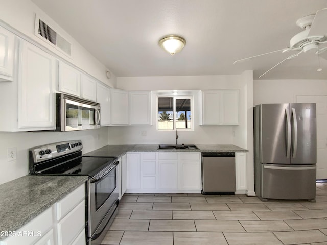 kitchen featuring white cabinets, ceiling fan, sink, and appliances with stainless steel finishes