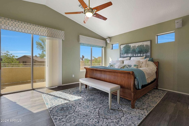 bedroom featuring hardwood / wood-style floors, lofted ceiling, access to outside, and ceiling fan