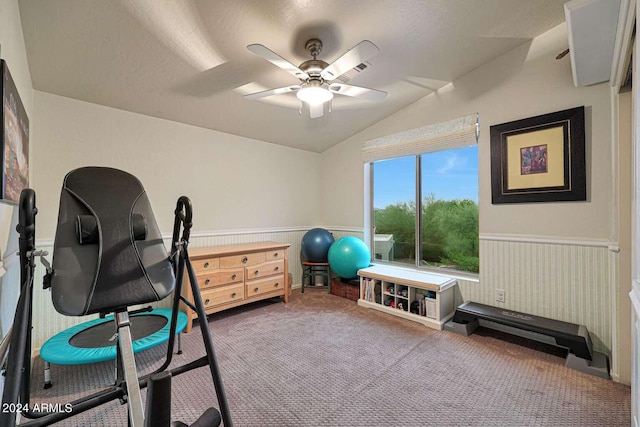 exercise room featuring ceiling fan, lofted ceiling, carpet flooring, and a textured ceiling