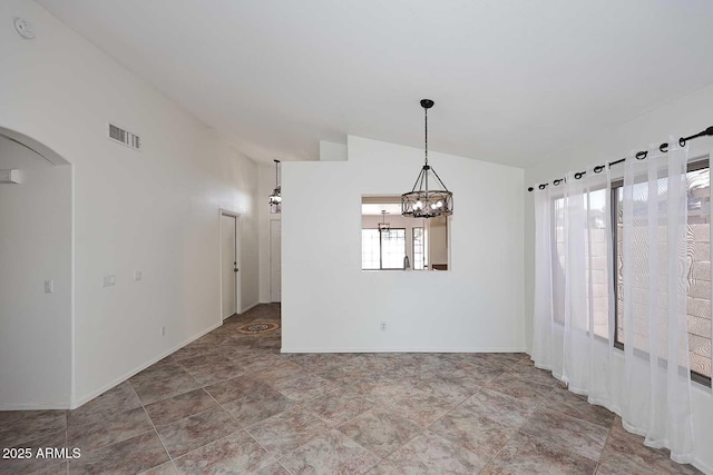 unfurnished room featuring lofted ceiling, a chandelier, a smoke detector, and baseboards