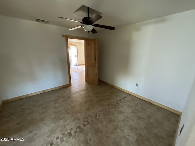 spare room with visible vents, ceiling fan, and baseboards