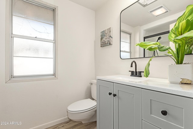 bathroom featuring hardwood / wood-style floors, vanity, and toilet