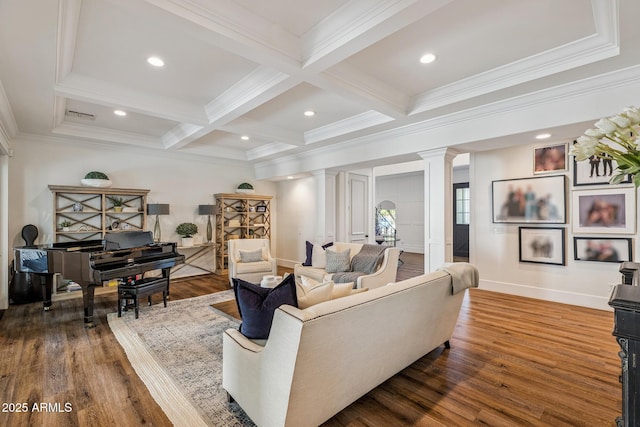 2625 N 24th St Unit 15, Mesa, AZ 85213 - living room with decorative columns, wood finished floors, beam ceiling, crown molding, and coffered ceiling