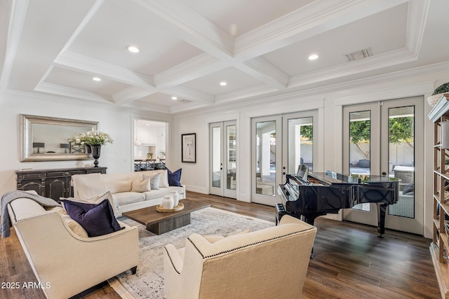 2625 N 24th St Unit 15, Mesa, AZ 85213 - living room featuring french doors, coffered ceiling, ornamental molding, dark wood finished floors, and beam ceiling