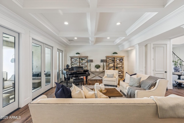 2625 N 24th St Unit 15, Mesa, AZ 85213 - living room with coffered ceiling, dark wood-style flooring, beamed ceiling, recessed lighting, and ornamental molding