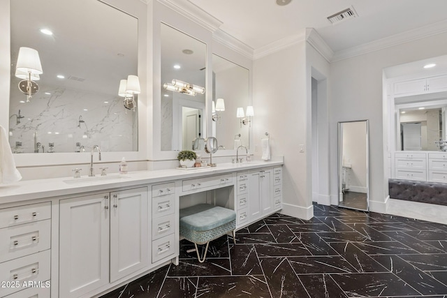 2625 N 24th St Unit 15, Mesa, AZ 85213 - full bath featuring marble tiled flooring, double vanity, crown molding, and recessed lighting