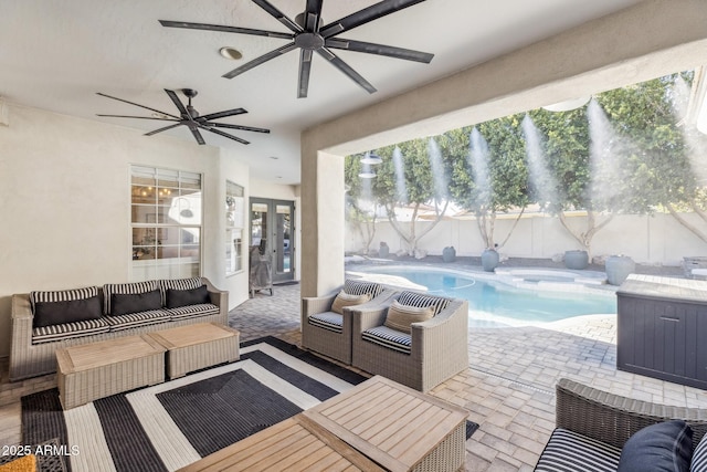 2625 N 24th St Unit 15, Mesa, AZ 85213 - view of swimming pool with a ceiling fan, an outdoor hangout area, a fenced backyard, an in-ground hot tub, and a patio