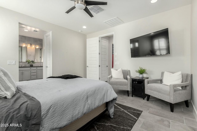 bedroom with visible vents, recessed lighting, ensuite bath, and ceiling fan