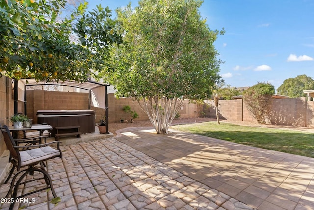 view of patio featuring a hot tub