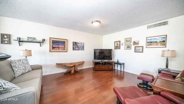 living room with hardwood / wood-style flooring and a textured ceiling