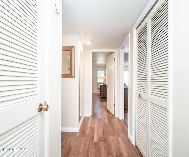 hallway with dark hardwood / wood-style floors