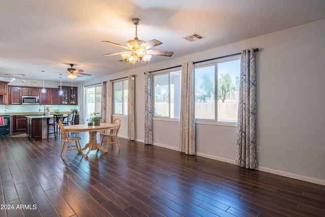 dining area featuring sink, ceiling fan, a wealth of natural light, and dark hardwood / wood-style flooring