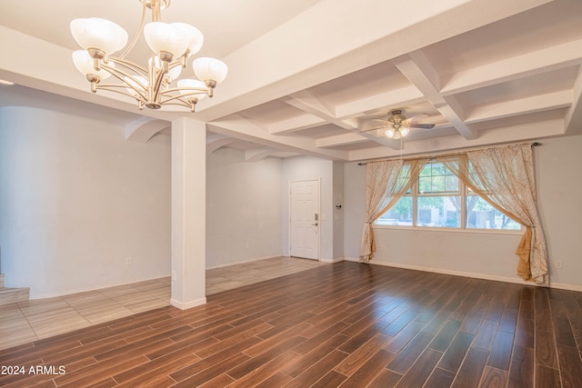 unfurnished room with ceiling fan with notable chandelier, beam ceiling, coffered ceiling, and dark hardwood / wood-style floors