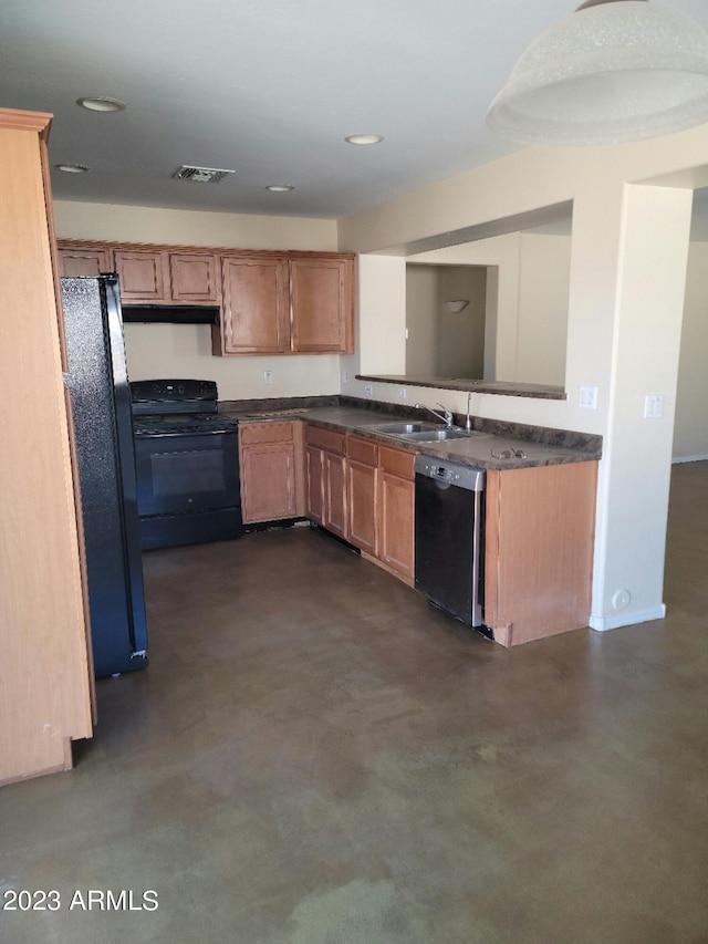 kitchen featuring finished concrete flooring, dark countertops, under cabinet range hood, black appliances, and a sink