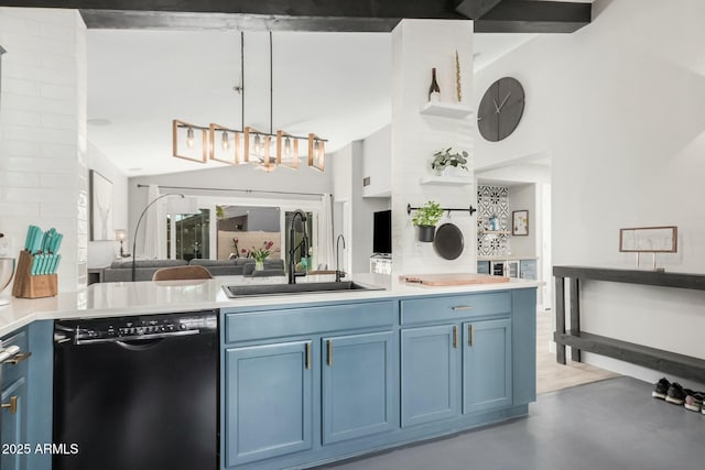 kitchen with sink, blue cabinets, black dishwasher, and concrete flooring