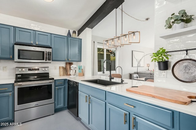 kitchen with sink, blue cabinets, beam ceiling, and appliances with stainless steel finishes