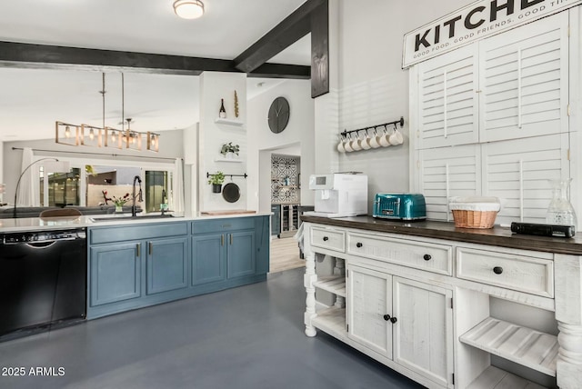 kitchen with dishwasher, decorative light fixtures, sink, beam ceiling, and blue cabinets