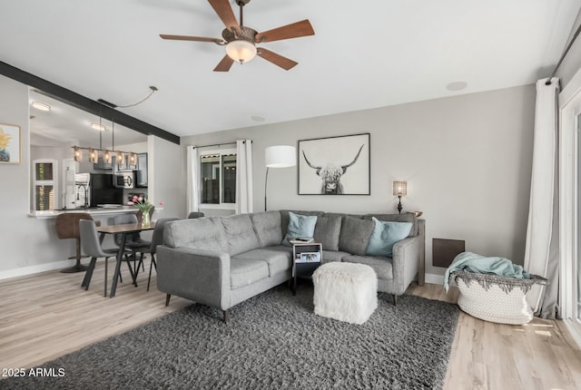 living room featuring ceiling fan and wood-type flooring