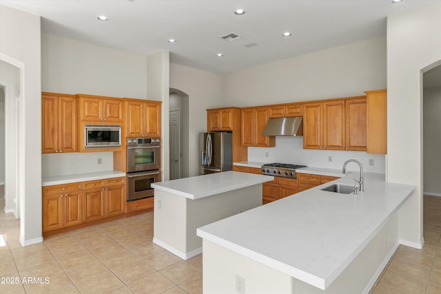3410 E Inglewood Cir, Mesa, AZ 85213 - kitchen featuring a sink, arched walkways, under cabinet range hood, and stainless steel appliances